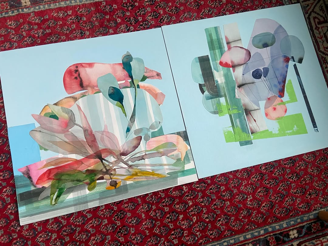 To collager af Bettina Fragtrup med transparente farver, planteformer og geometriske udklip